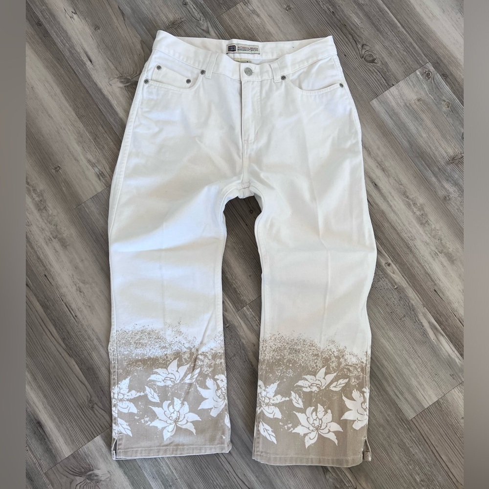 VINTAGE Faded Glory Straight Leg Jeans | White & Tan Floral | Size 6